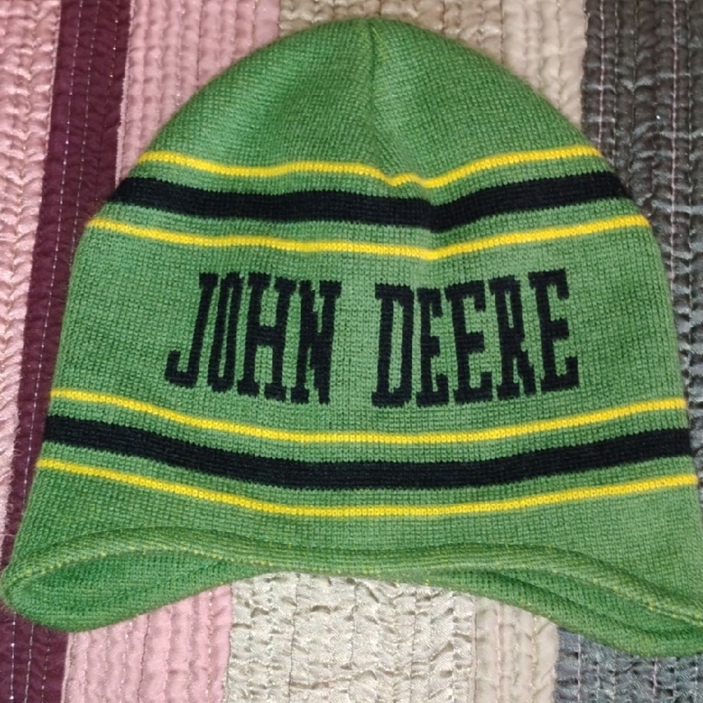 Kids John Deere Green Beanie with Black and Yellow Stripes